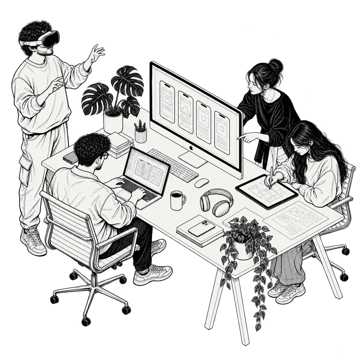 Young app team collaborating with a MacBook, Studio Display, wireless keyboard, Vision Pro and drawing tablet