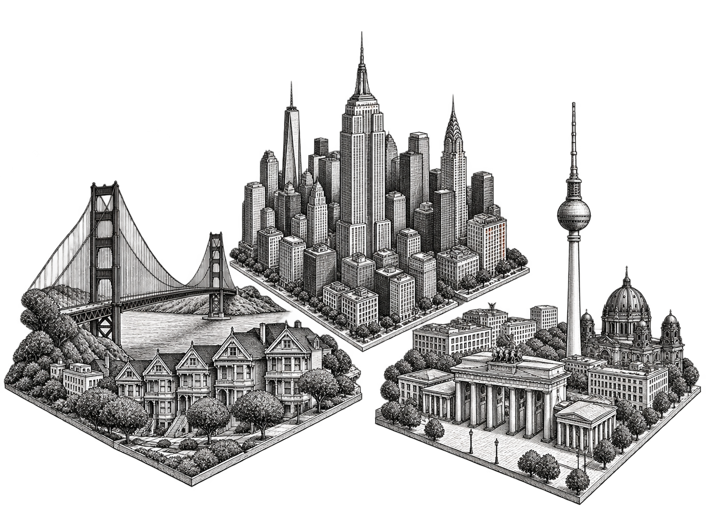 Three miniature cities